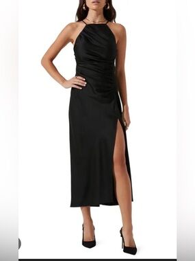 Halter Neck Satin Maxi Dress - Black